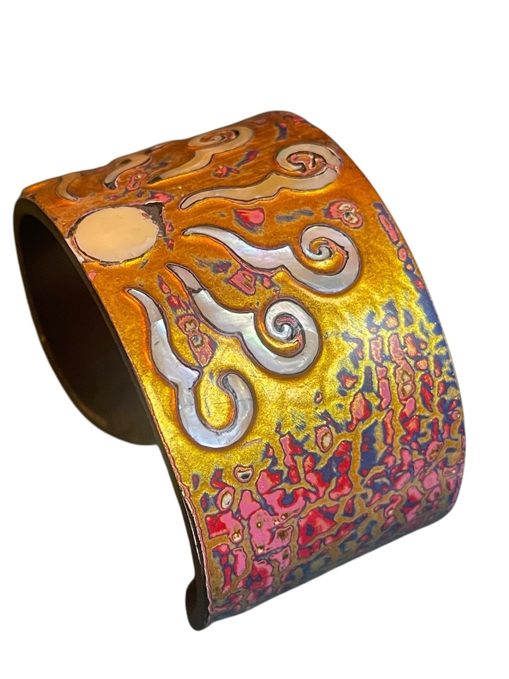 Vintage Artisan Celestial MOP Inlaid Cuff Bracelet & Copper Moon Brooch - Picture 9 of 12